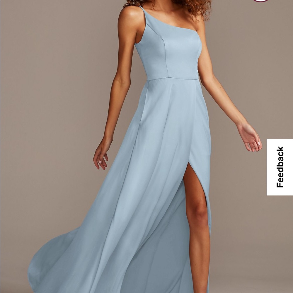 David’s Bridal One Shoulder Satin Dress Dusty Blue